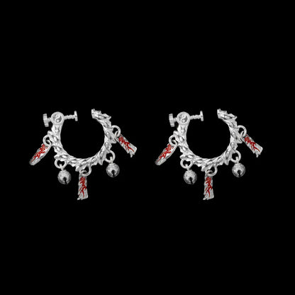 Celestial Chime Ear Clips Silver Cinnabar Pair Black Background