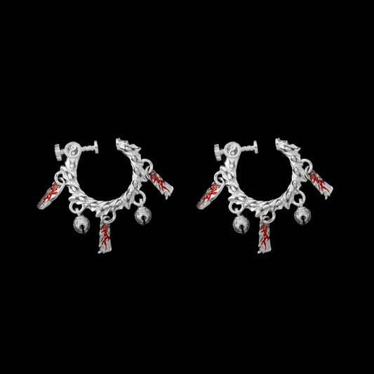 Celestial Chime Ear Clips Silver Cinnabar Pair Black Background