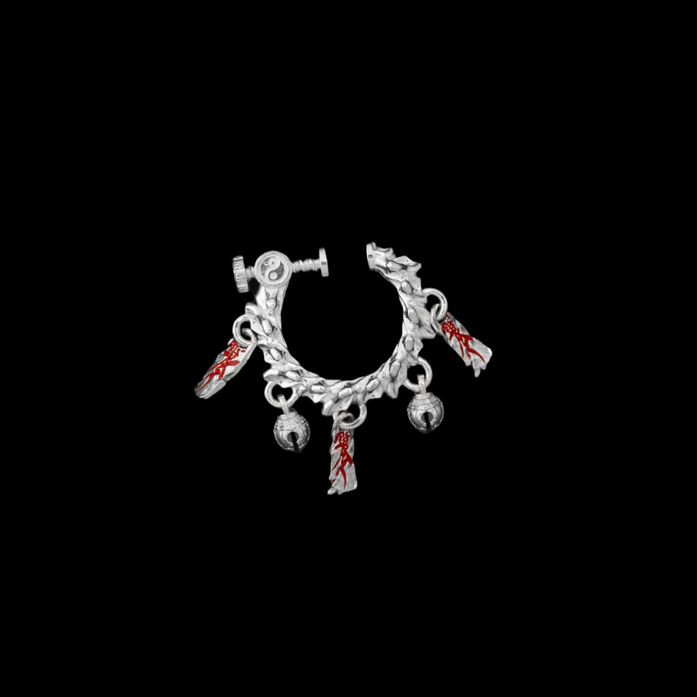 Celestial Chime Ear Clips Silver Cinnabar Single Black Background