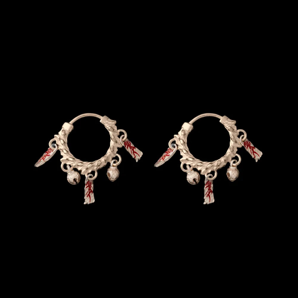 Celestial Chime Earrings 14K Gold Cinnabar Pair Black Background