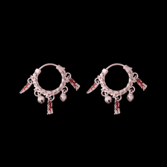 Celestial Chime Earrings 14K Rose Gold Cinnabar Pair Black Background