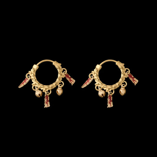 Celestial Chime Earrings 18K Gold Cinnabar Pair Black Background