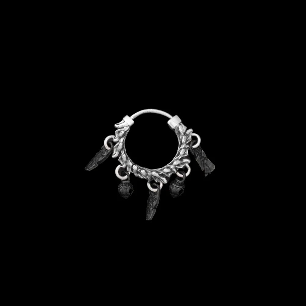 Celestial Chime Earrings Oxidized Silver Brass Black Accents Single Black Background