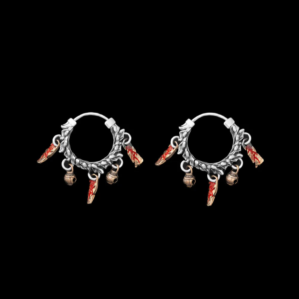 Celestial Chime Earrings Oxidized Silver Brass Cinnabar Pair Black Background