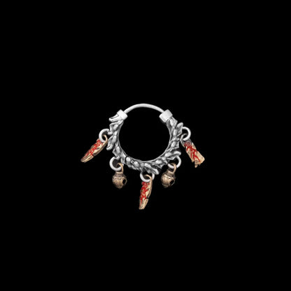 Celestial Chime Earrings Oxidized Silver Brass Cinnabar Single Black Background
