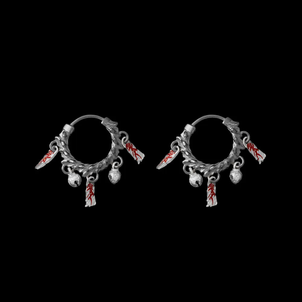 Celestial Chime Earrings Oxidized Silver  Cinnabar Pair Black Background