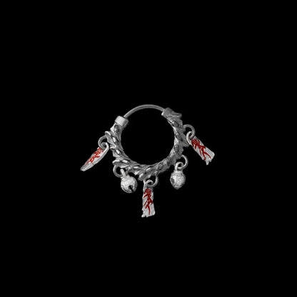 Celestial Chime Earrings Oxidized Silver Cinnabar Single Black Background