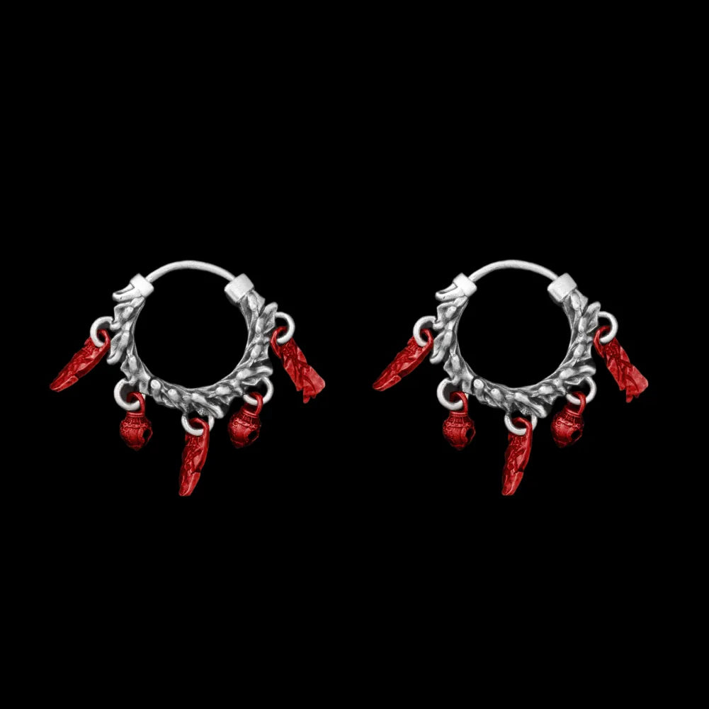 Celestial Chime Earrings Oxidized Silver Copper Red Accents Pair Black Background