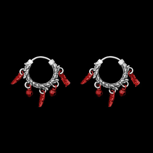 Celestial Chime Earrings Oxidized Silver Copper Red Accents Pair Black Background