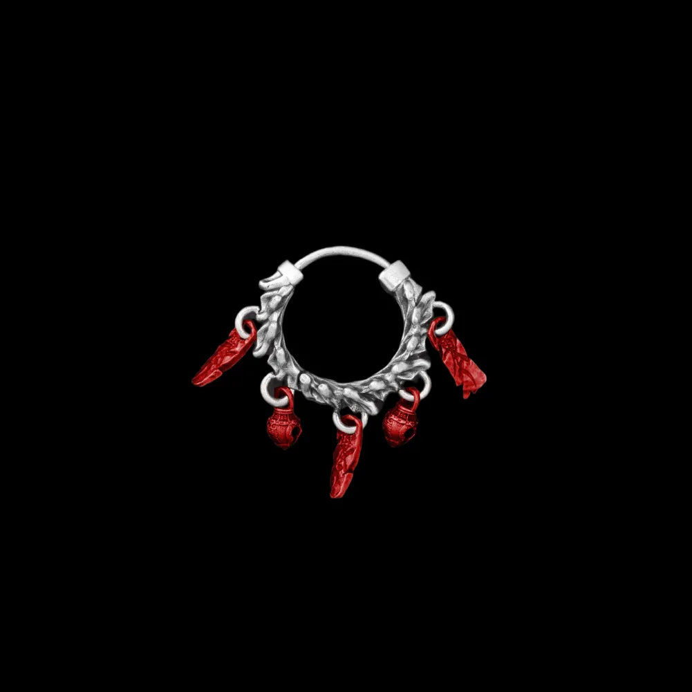 Celestial Chime Earrings Oxidized Silver Copper Red Accents Single Black Background
