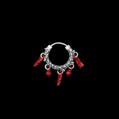 Celestial Chime Earrings Oxidized Silver Copper Red Accents Single Black Background