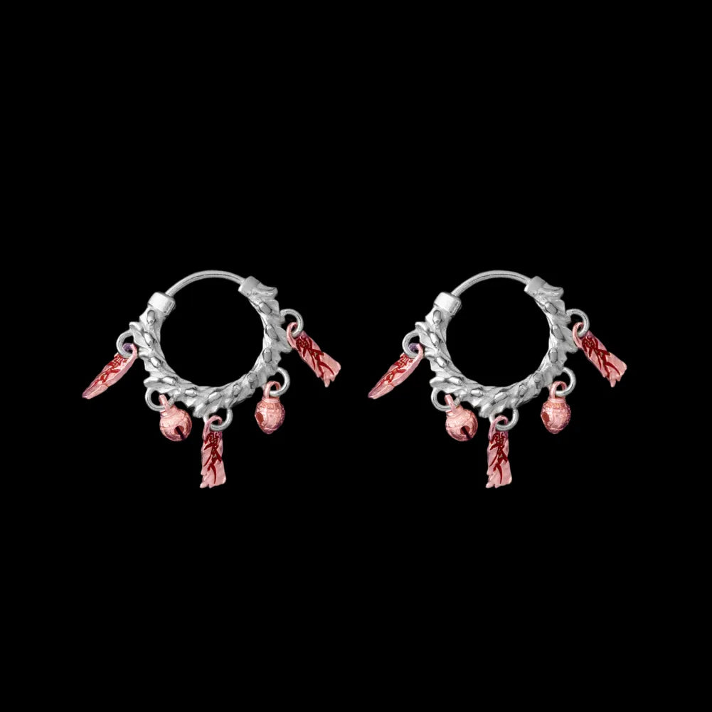 Celestial Chime Earrings Silver 18K Rose Gold Plated Cinnabar Pair Black Background