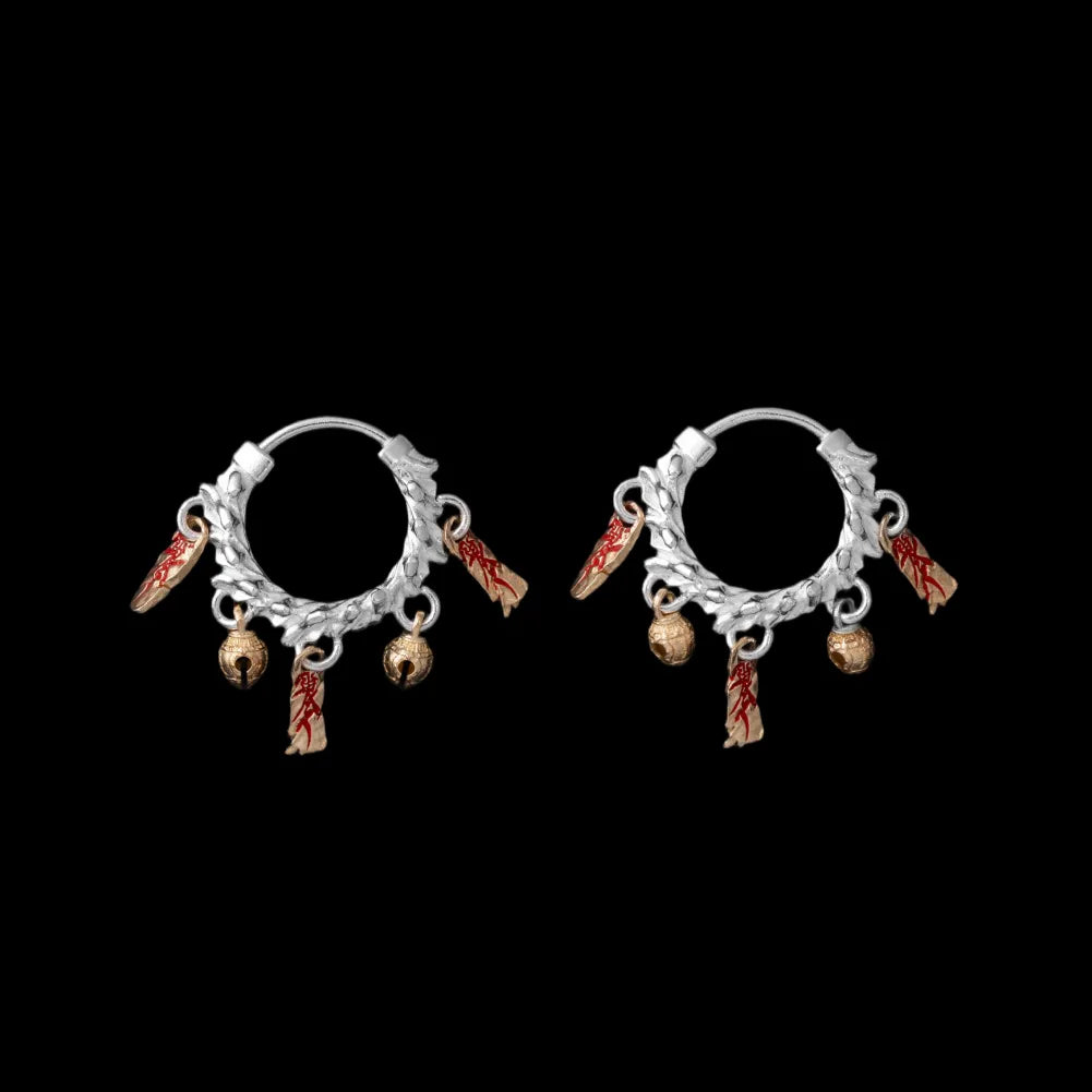 Celestial Chime Earrings Silver Brass Cinnabar Pair Black Background