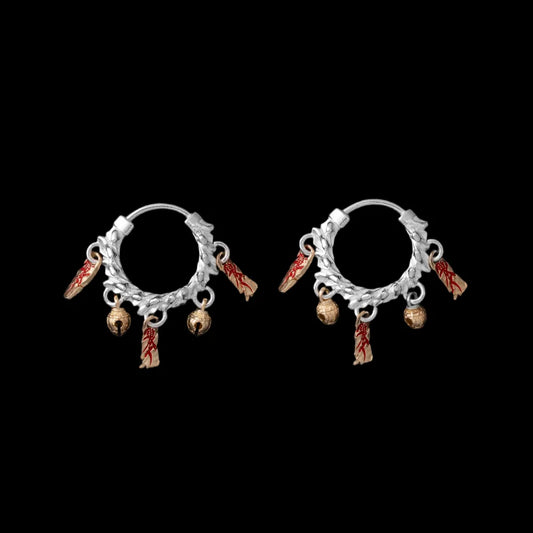 Celestial Chime Earrings Silver Brass Cinnabar Pair Black Background