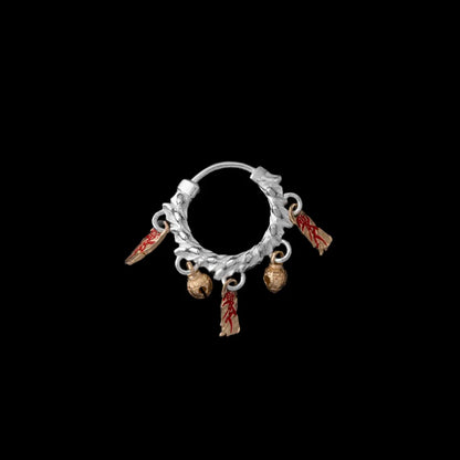 Celestial Chime Earrings Silver Brass Cinnabar Single Black Background
