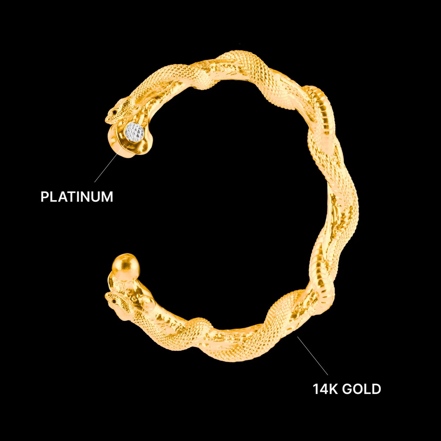 Customized 14K Gold Snake Cuff Bracelet with Gemstone Eyes Details 07