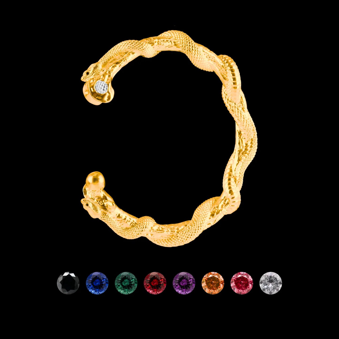 Customized 14K Gold Snake Cuff Bracelet with Gemstone Eyes Details