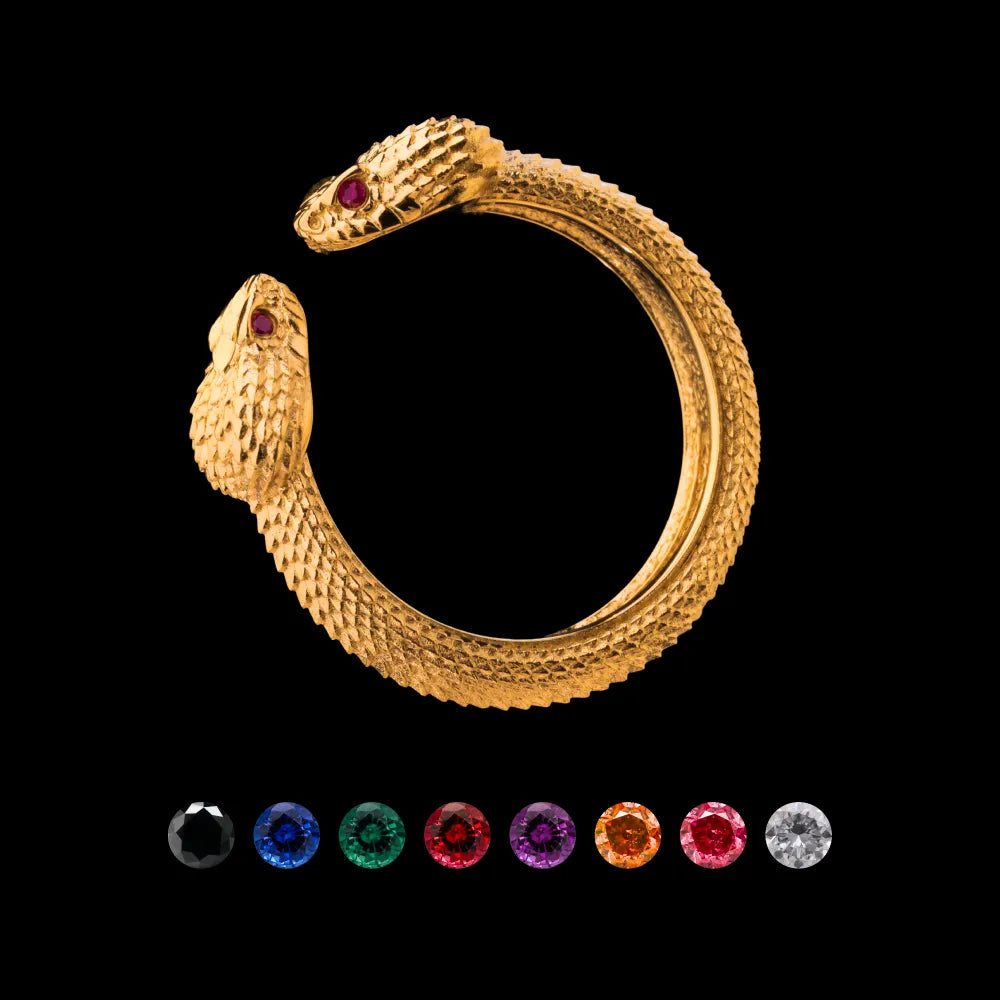 Customized 18K Gold Amphisbaena Ring With Gemstone Eyes