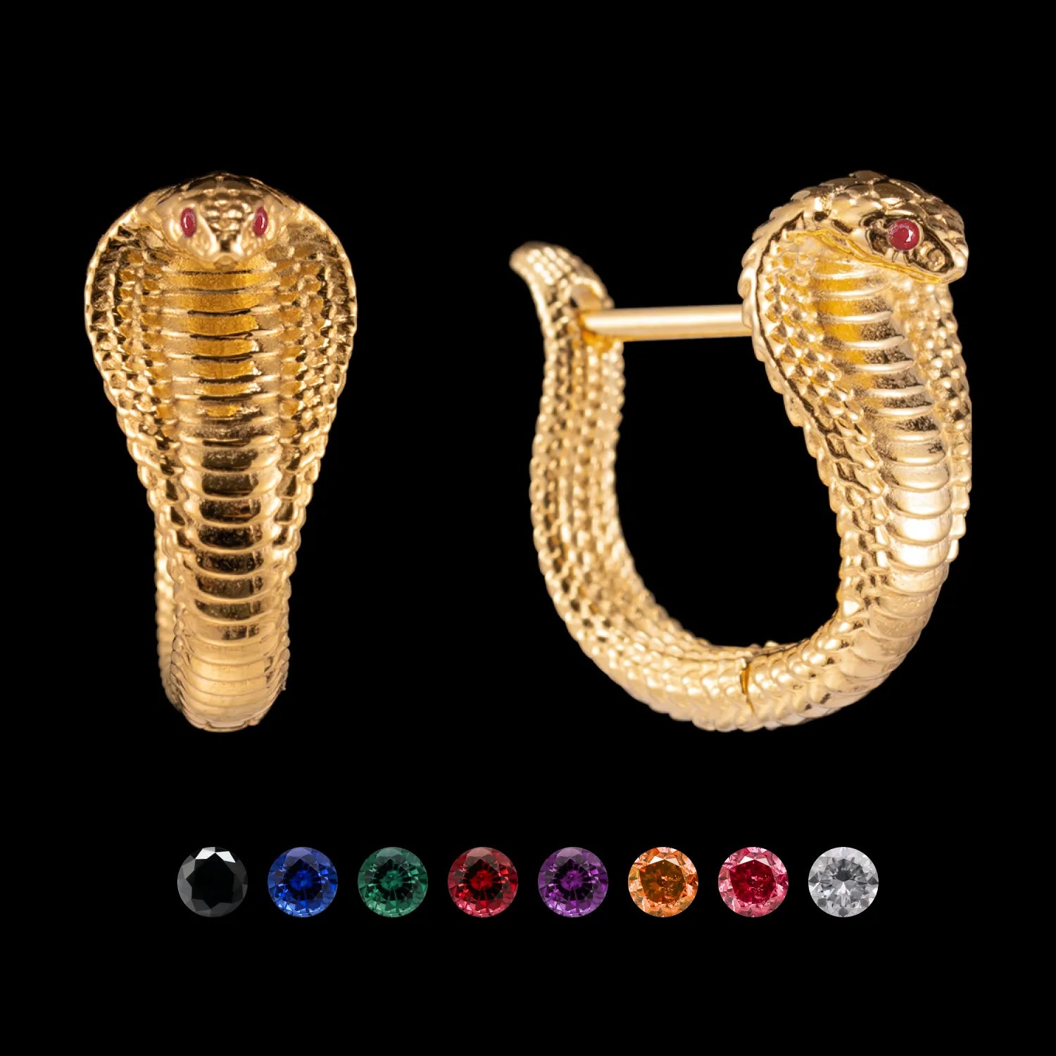 Customized 18K Gold Cobra Earrings With Gemstone Eyes