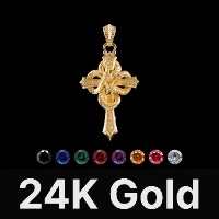 Double Snake Cross Pendant 24K Gold & Gemstone