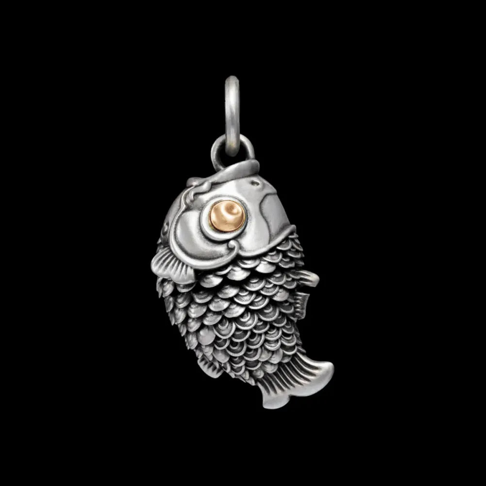 Customized Oxidized Silver With 18K Gold Koi Fidget Pendant details 01