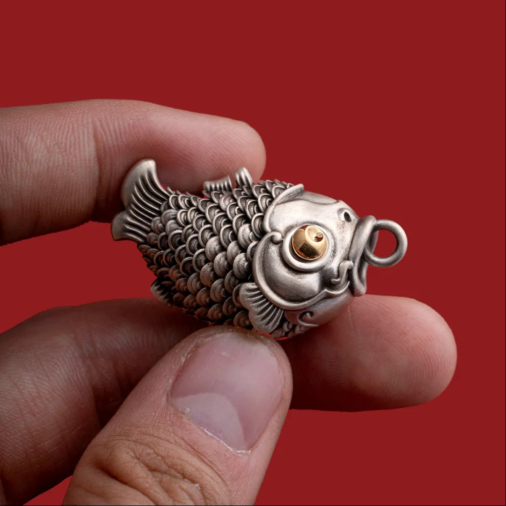 Customized Oxidized Silver With 18K Gold Koi Fidget Pendant details 04