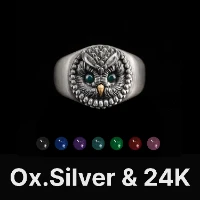 Owl Ring Oxidized Silver & 24K Gold & Gemstone