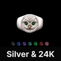 Owl Ring Silver & 24K Gold & Gemstone