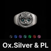 Owl Ring Oxidized Silver & Platinum & Gemstone