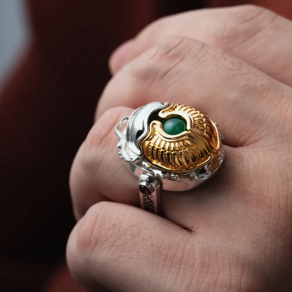 Customized Silver With 18K Gold Scarab Ring Details 02