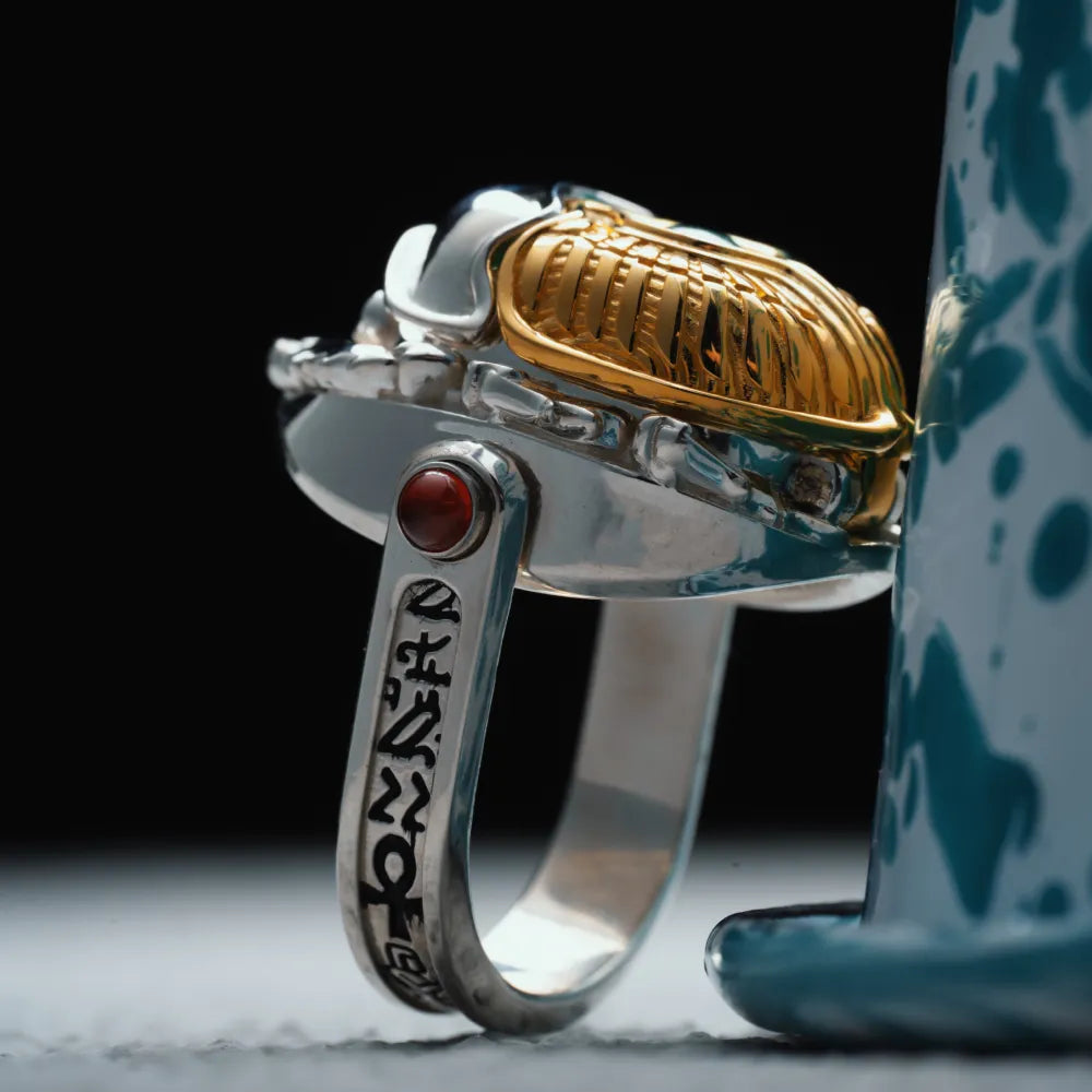 Customized Silver With 18K Gold Scarab Ring Details 07