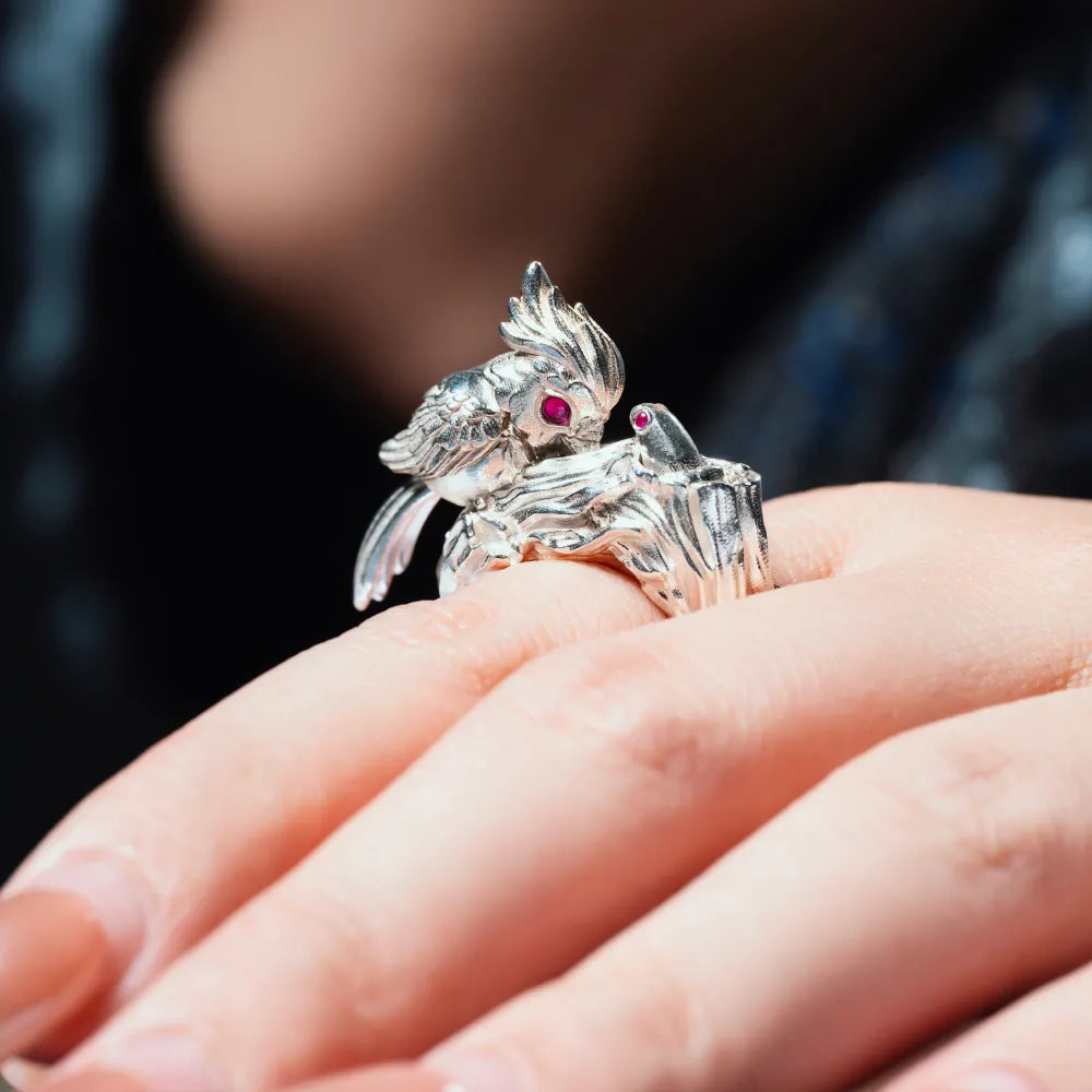 Customized Silver Woodpecker Ring Details 02