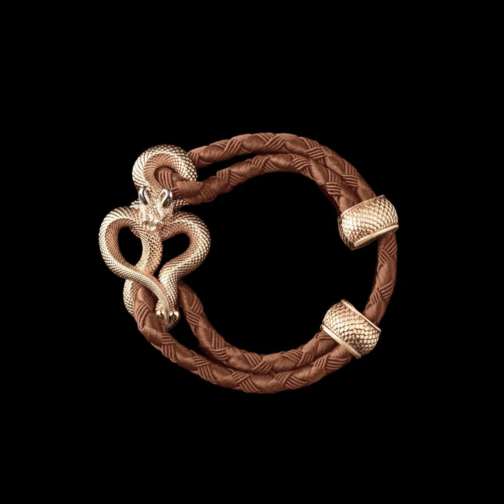 Demon Serpent Rope Bracelet 14K Gold 4mm Braided Rope Dark Beige Black Background