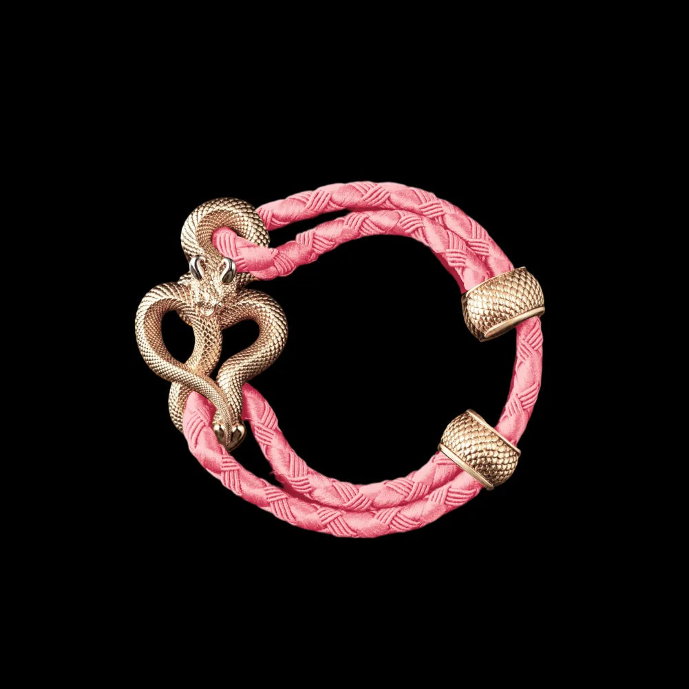 Demon Serpent Rope Bracelet 14K Gold 4mm Braided Rope Light Pink Black Background
