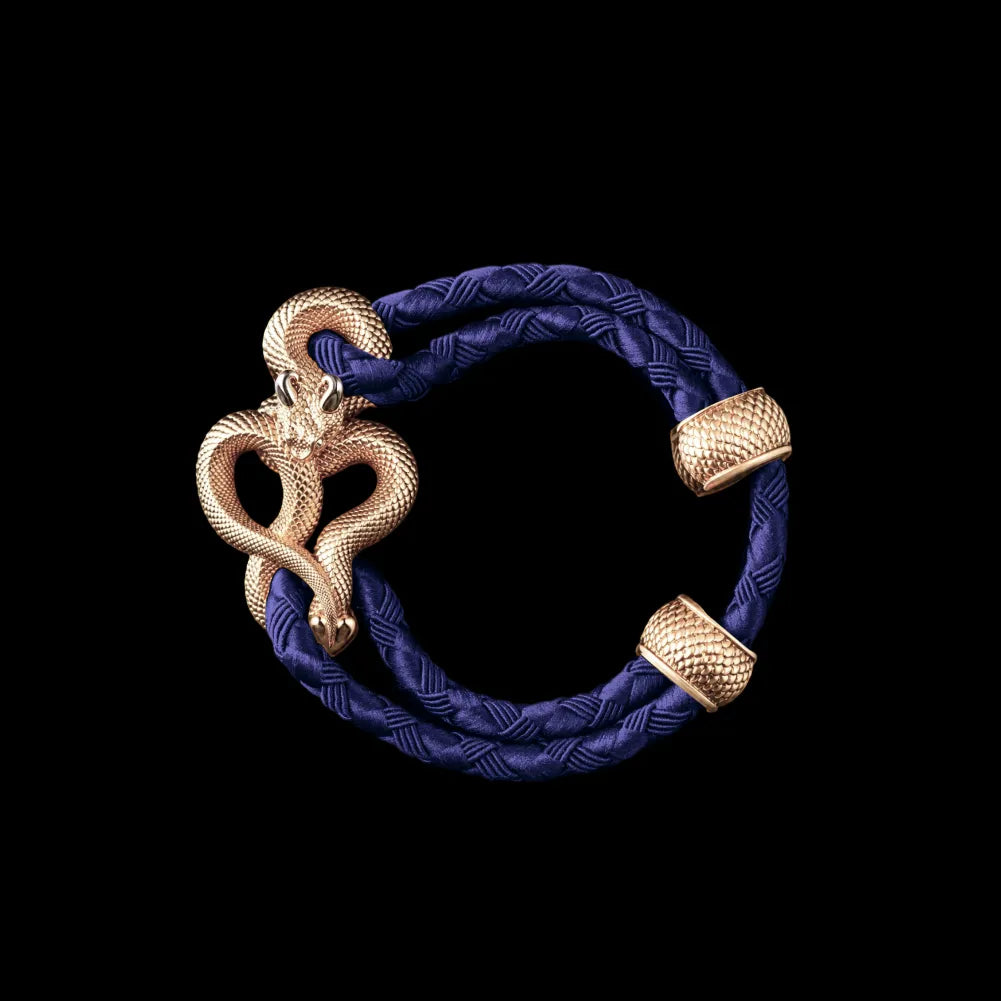 Demon Serpent Rope Bracelet 14K Gold 4mm Braided Rope Vivid Blue Black Background