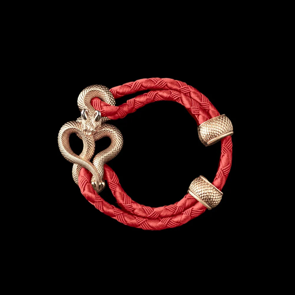 Demon Serpent Rope Bracelet 14K Gold 4mm Braided Rope Watermelon Red Black Background