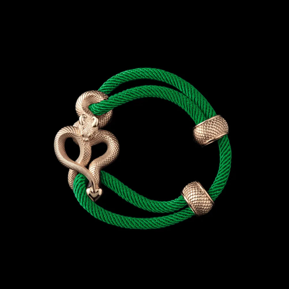 Demon Serpent Rope Bracelet 14K Gold 4mm Milan Rope Green Black Background