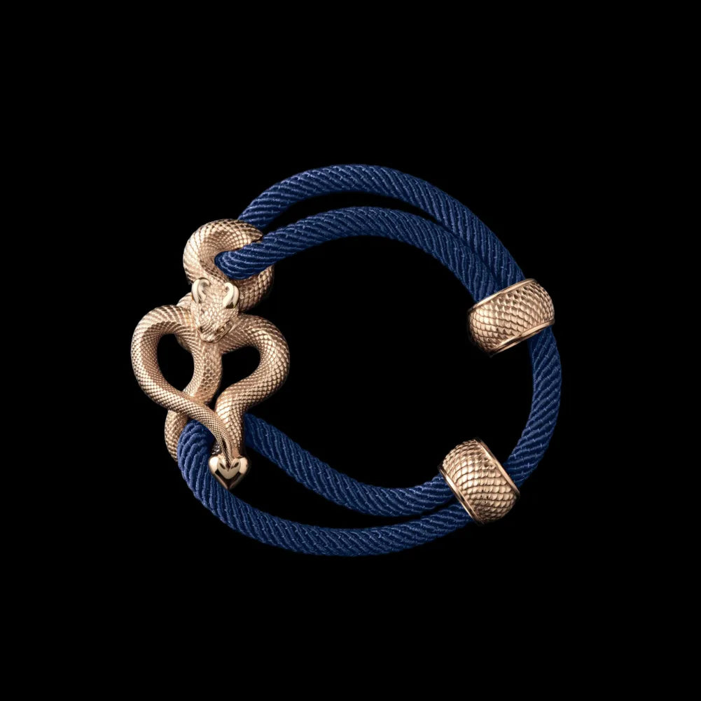 Demon Serpent Rope Bracelet 14K Gold 4mm Milan Rope Navy Blue Black Background