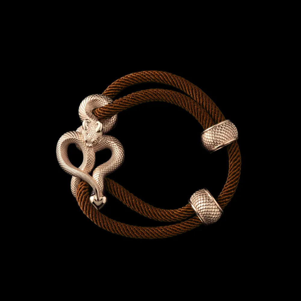 Demon Serpent Rope Bracelet 14K Gold 4mm Milan Rope Reddish Brown Black Background