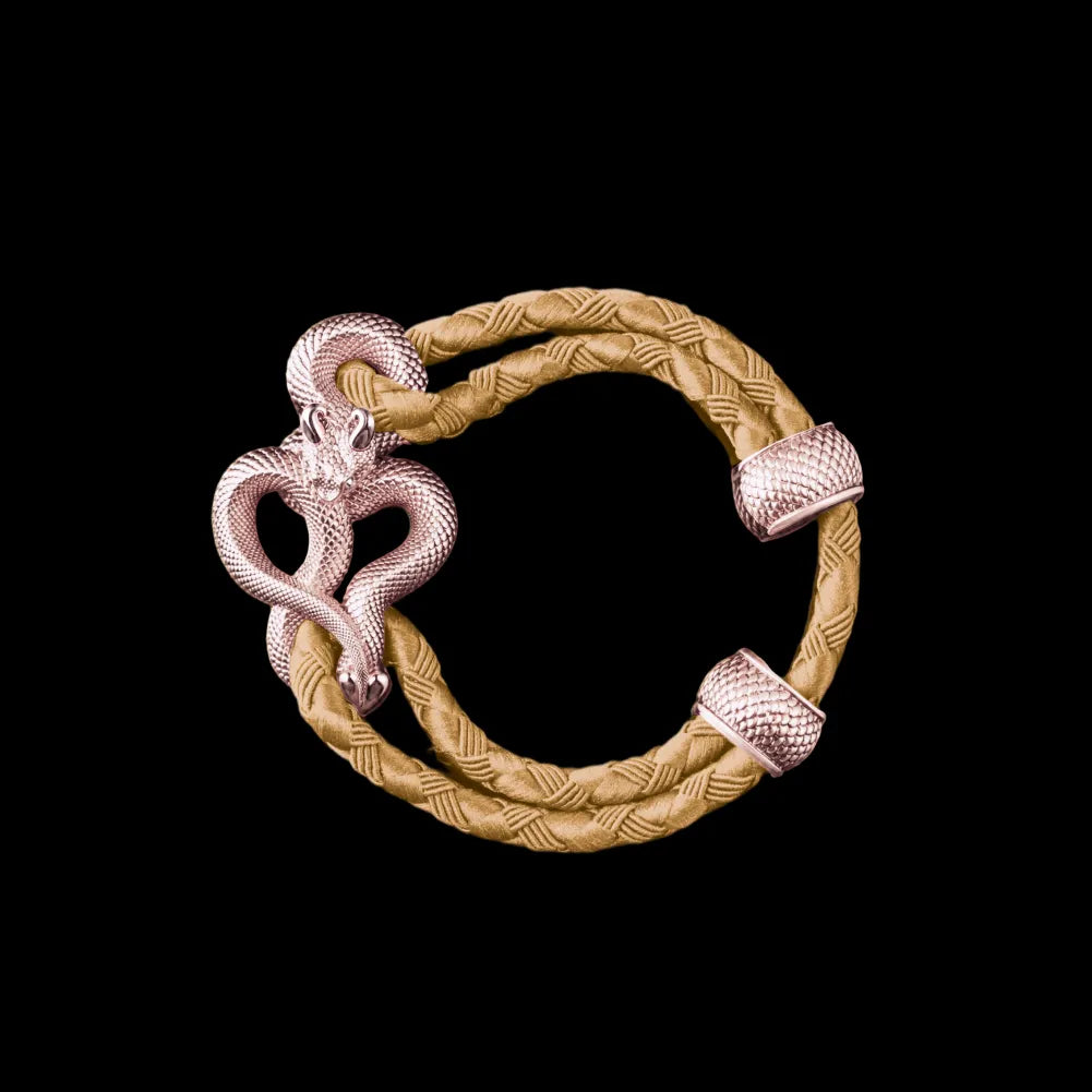Demon Serpent Rope Bracelet 14K Rose Gold 4mm Braided Rope Beige Black Background