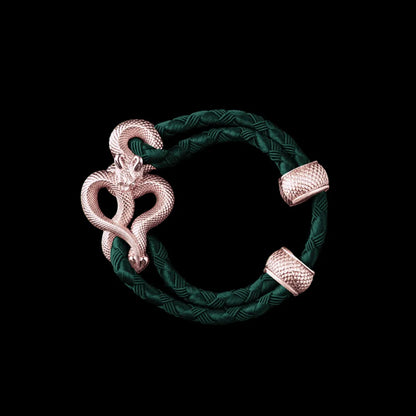 Demon Serpent Rope Bracelet 14K Rose Gold 4mm Braided Rope Dark Green Black Background