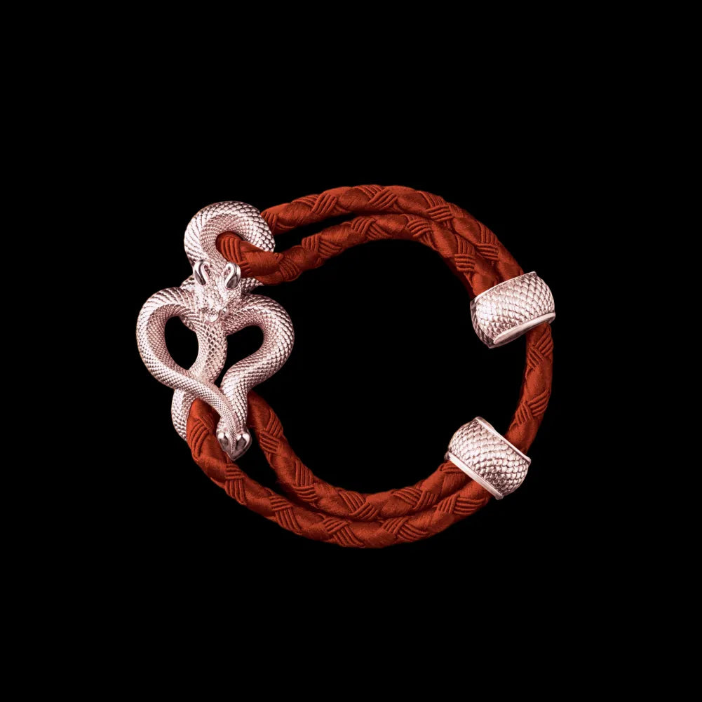 Demon Serpent Rope Bracelet 14K Rose Gold 4mm Braided Rope Deep Orange Black Background