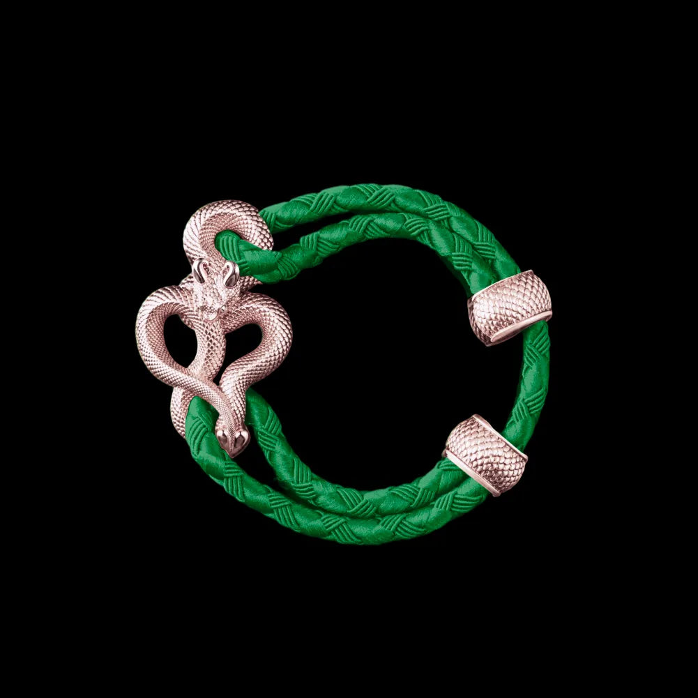 Demon Serpent Rope Bracelet 14K Rose Gold 4mm Braided Rope Green Black Background