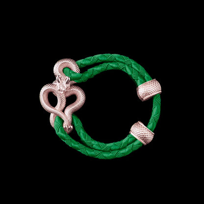Demon Serpent Rope Bracelet 14K Rose Gold 4mm Braided Rope Green Black Background