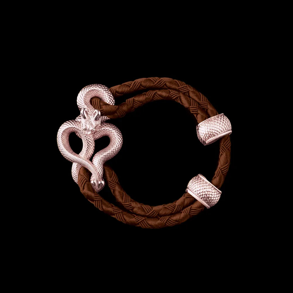Demon Serpent Rope Bracelet 14K Rose Gold 4mm Braided Rope Light Brown Black Background