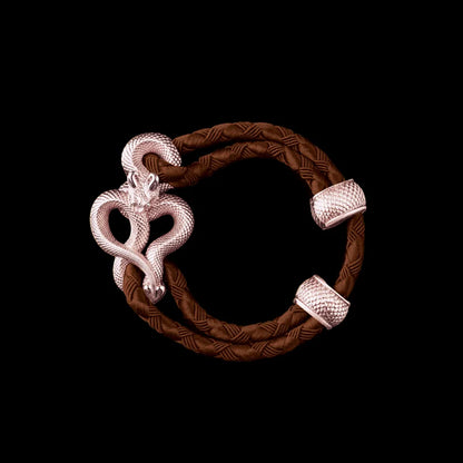 Demon Serpent Rope Bracelet 14K Rose Gold 4mm Braided Rope Light Brown Black Background