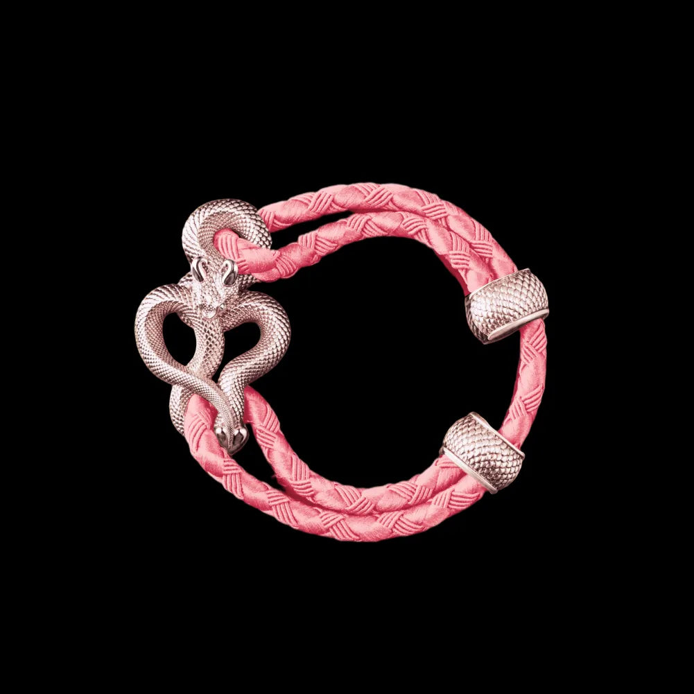 Demon Serpent Rope Bracelet 14K Rose Gold 4mm Braided Rope Light Pink Black Background