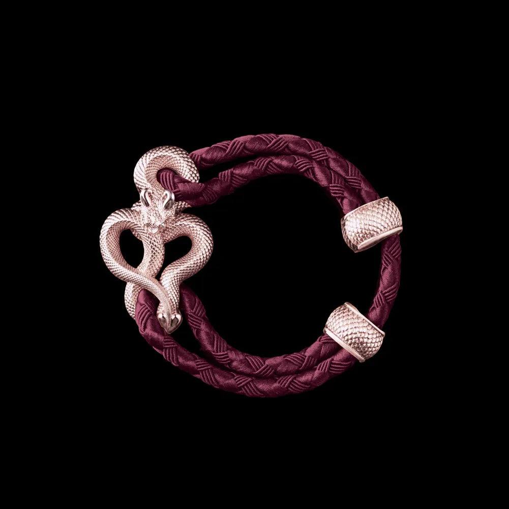 Demon Serpent Rope Bracelet 14K Rose Gold 4mm Braided Rope Wine Red Black Background