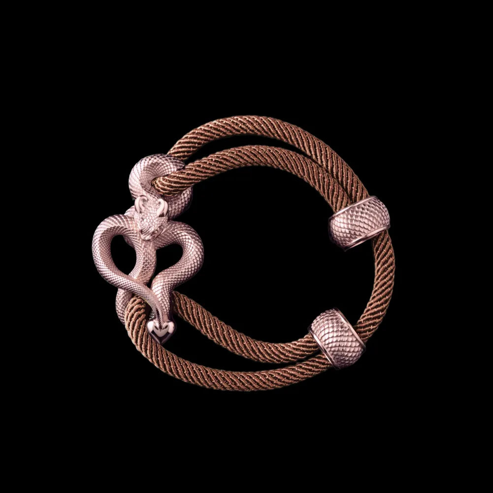 Demon Serpent Rope Bracelet 14K Rose Gold 4mm Milan Rope Apricot Black Background