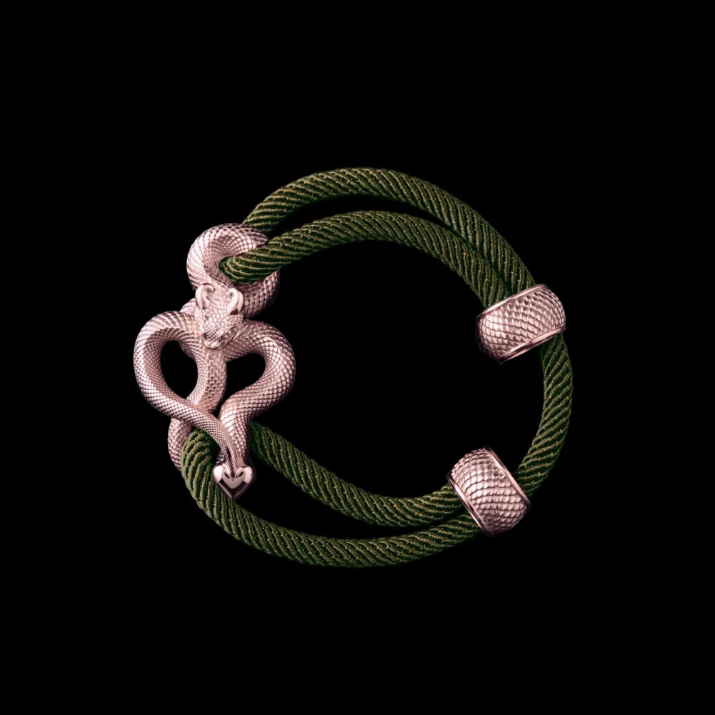 Demon Serpent Rope Bracelet 14K Rose Gold 4mm Milan Rope Army Green Black Background